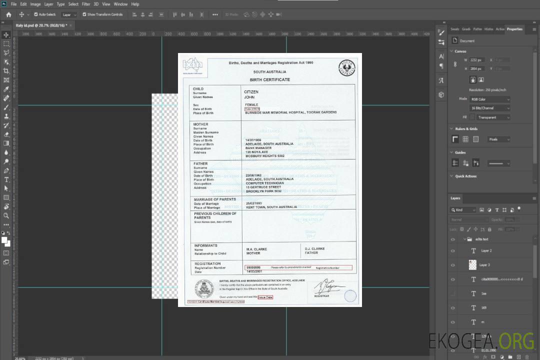 Australie Acte de naissance d'Australie du Sud template